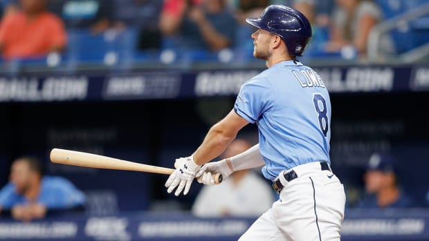 Rays second baseman Brandon Lowe hits a home run.